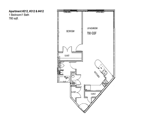 Floor plan for 1 bed, 1 bath, 780 sqft